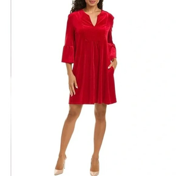 NEW Jude Connally Size Small Dress Kerry Velvet Ruby Red V Neck Stretch Pockets - Picture 3 of 14